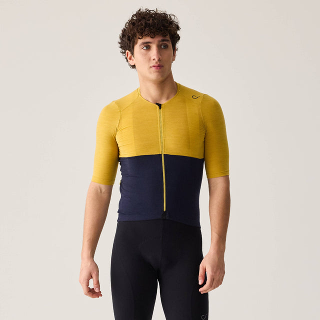Velocio Men's Merino LUXE Colorblock Jersey in Sulphur/Navy